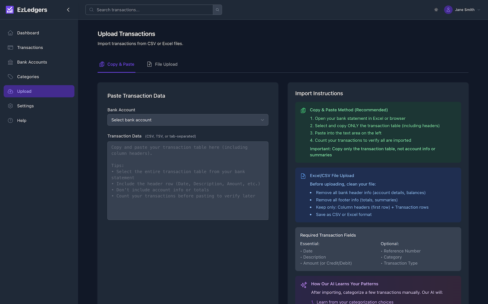 Upload bank statements interface